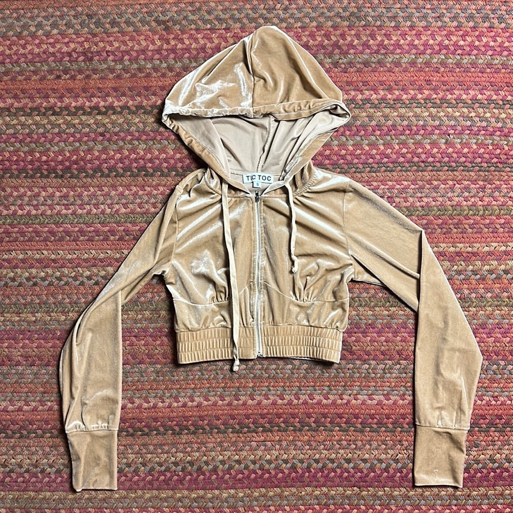 TIC TOC BEIGE VELVET VELOUR CROPPED HOODIE ZIP UP JACKET